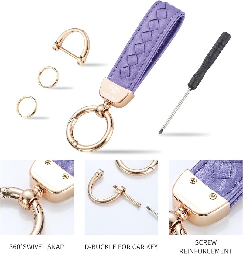 Hamdecro Store Genuine Leather Car Keychain, Handmade Knit Sheepskin Key chains for Women, Universal Key Fob Holder with 360 Degree Rotatable, Anti-Lost D-Ring, 2 Keyrings and 1 Screwdriver – Lavender Purple - Image 3